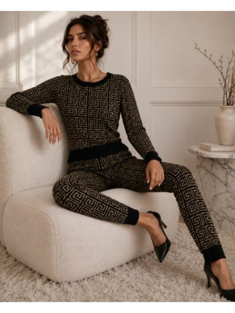 Two Piece Knit Set 1X Metallic Gold Greek Key Sweater Pants Mob Wife Runway